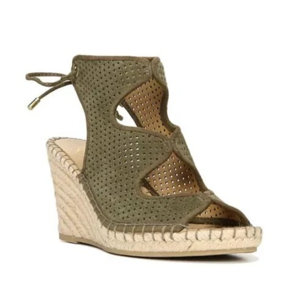 Franco Sarto L-Nash‎ Espadrille Wedge Sandal 7 Suede Leather Perforated Lace Up